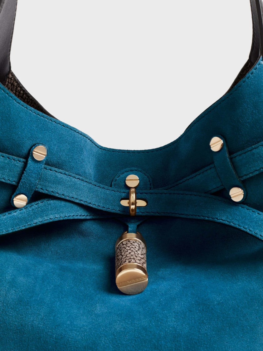 Borbonese Medium Teal Suede Bucket Bag With Adjustable Strap