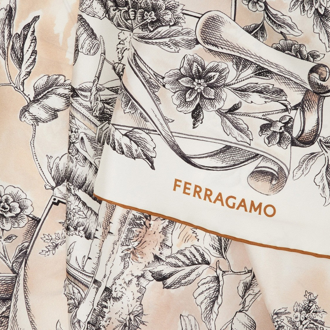 Salvatore Ferragamo Beige Voyage Print Silk Scarf