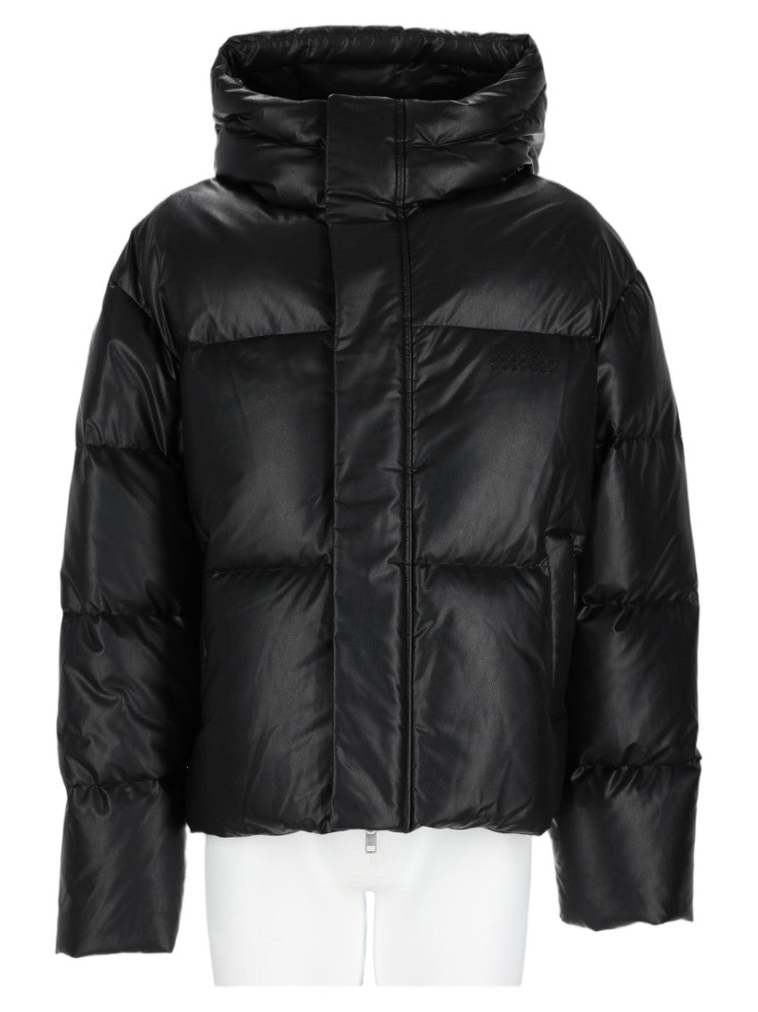 Mm6 By Maison Margiela Cropped Black Puffer Jacket With High Collar And Hood