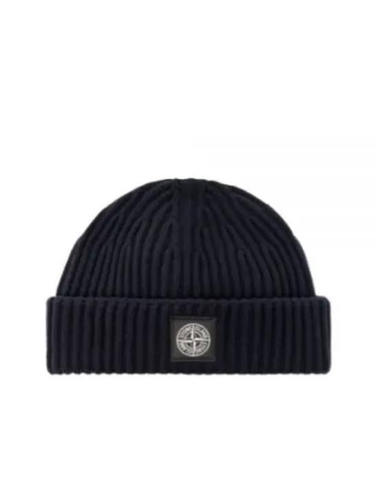 Stone Island Ribbed Knit Beanie With Folded Cuff And Logo Patch