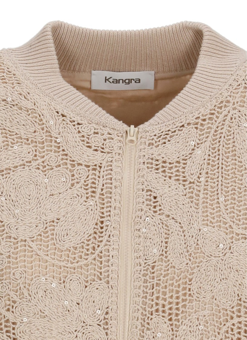 Kangra Beige Cotton Embroidered Sequined Bomber Jacket
