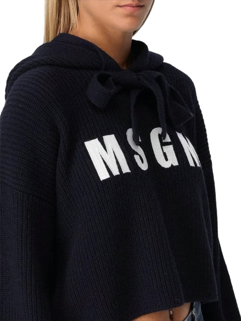 Msgm Cropped Knit Hoodie With Ribbed Texture