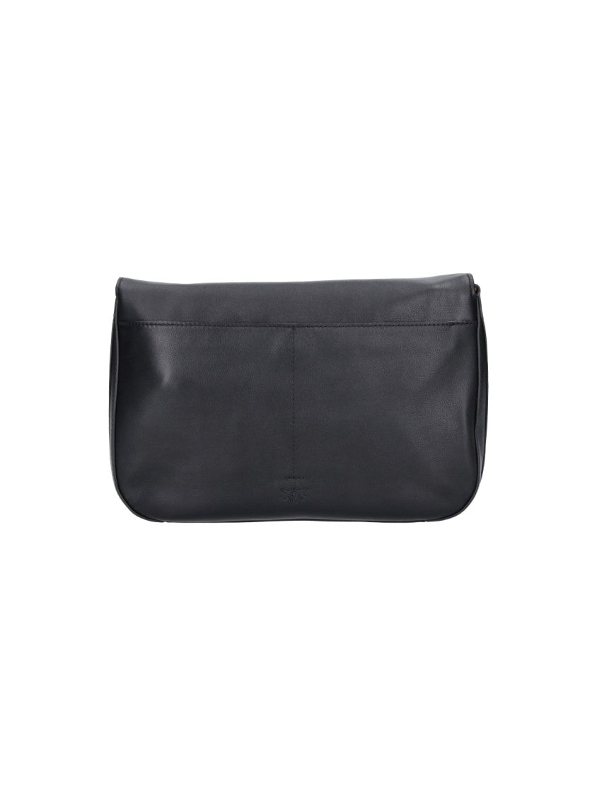 Pinko Black Leather Love Birds Flap Shoulder Bag
