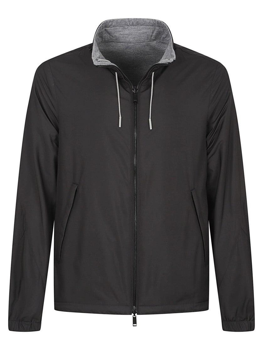 Zegna Reversible Black And Grey Jacket With Logo And Toggle Closures