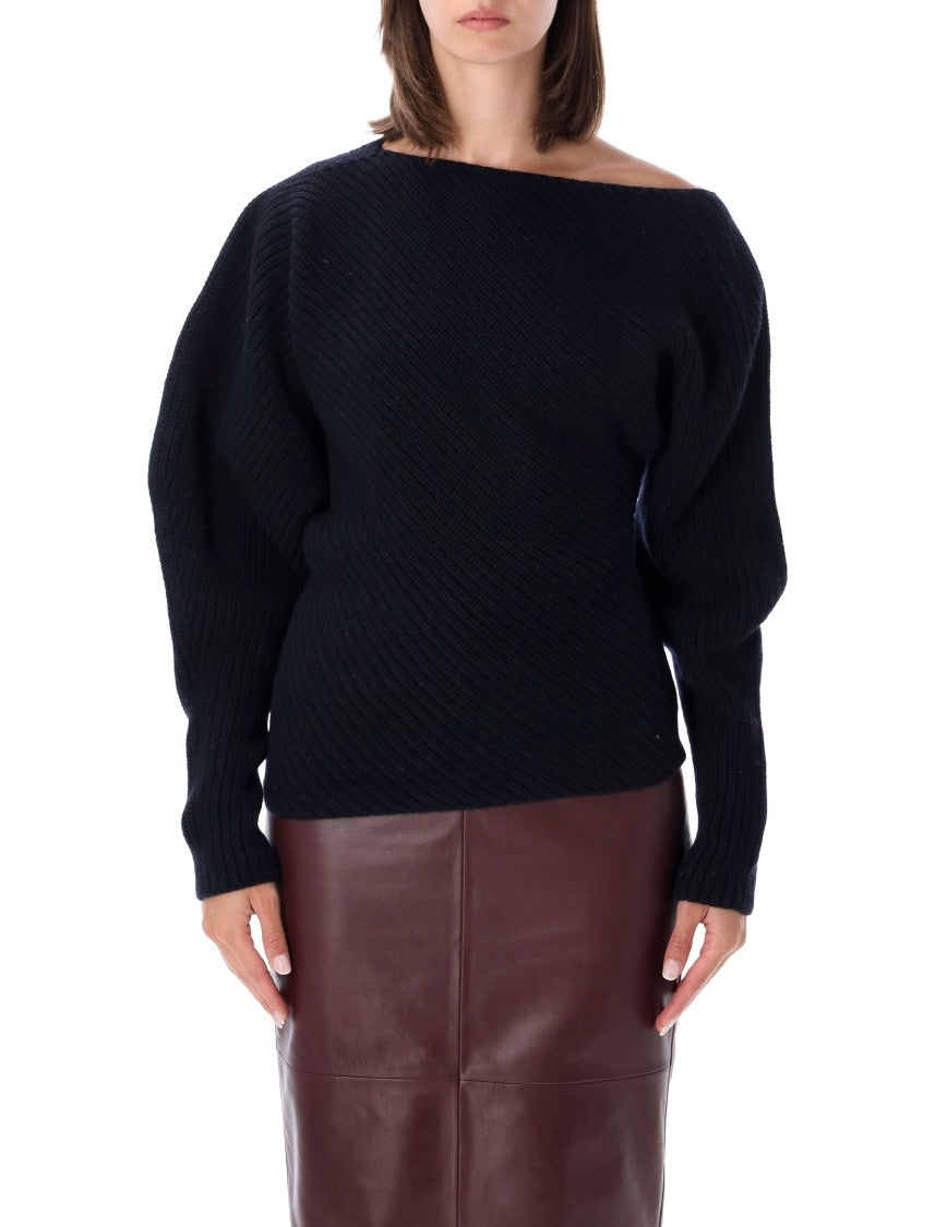 Alberta Ferretti Asymmetrical Ribbed Wool-Cashmere Balloon-Sleeve Sweater