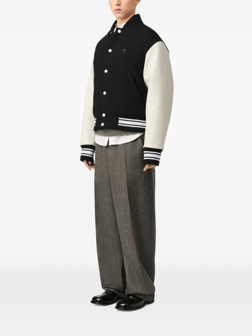 Ami Paris Varsity Style Black Jacket With Contrasting Sleeves