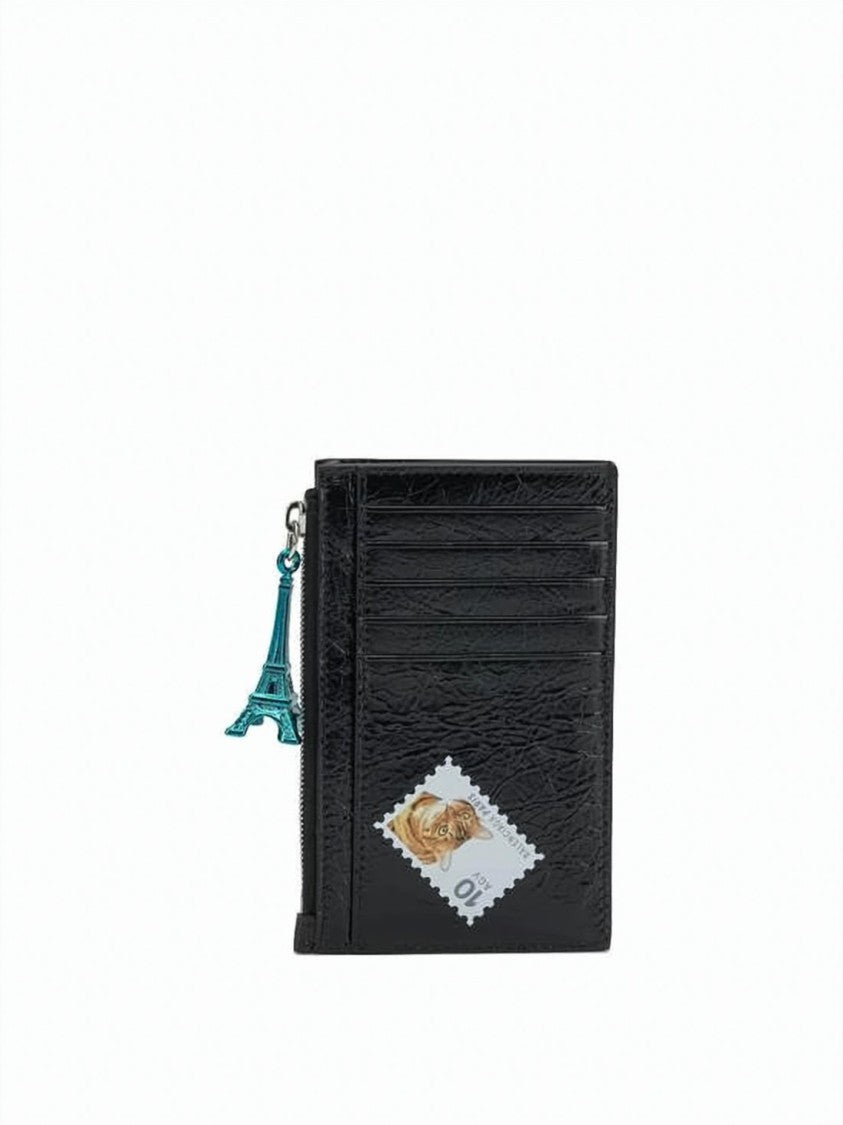 Balenciaga Textured Black Lambskin Cardholder With Travel-Themed Patches