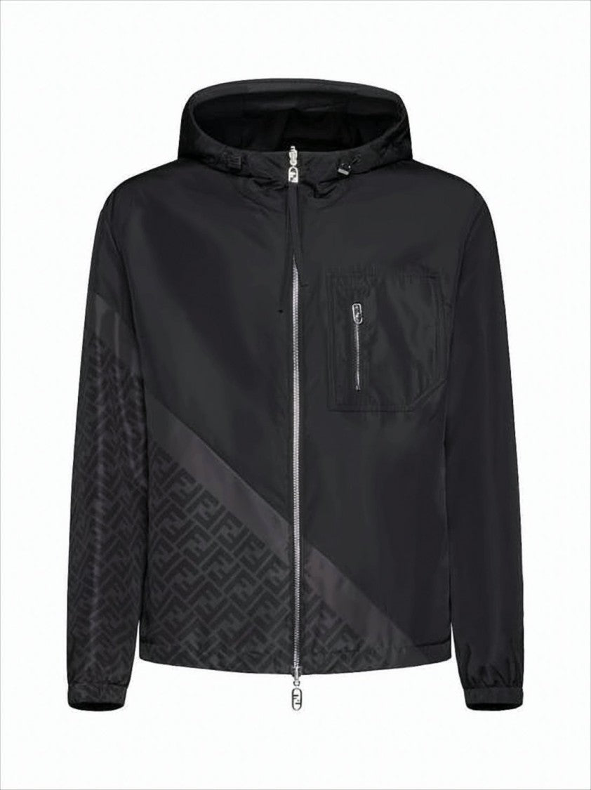 Fendi Hooded Black Jacket With Tonal Pattern