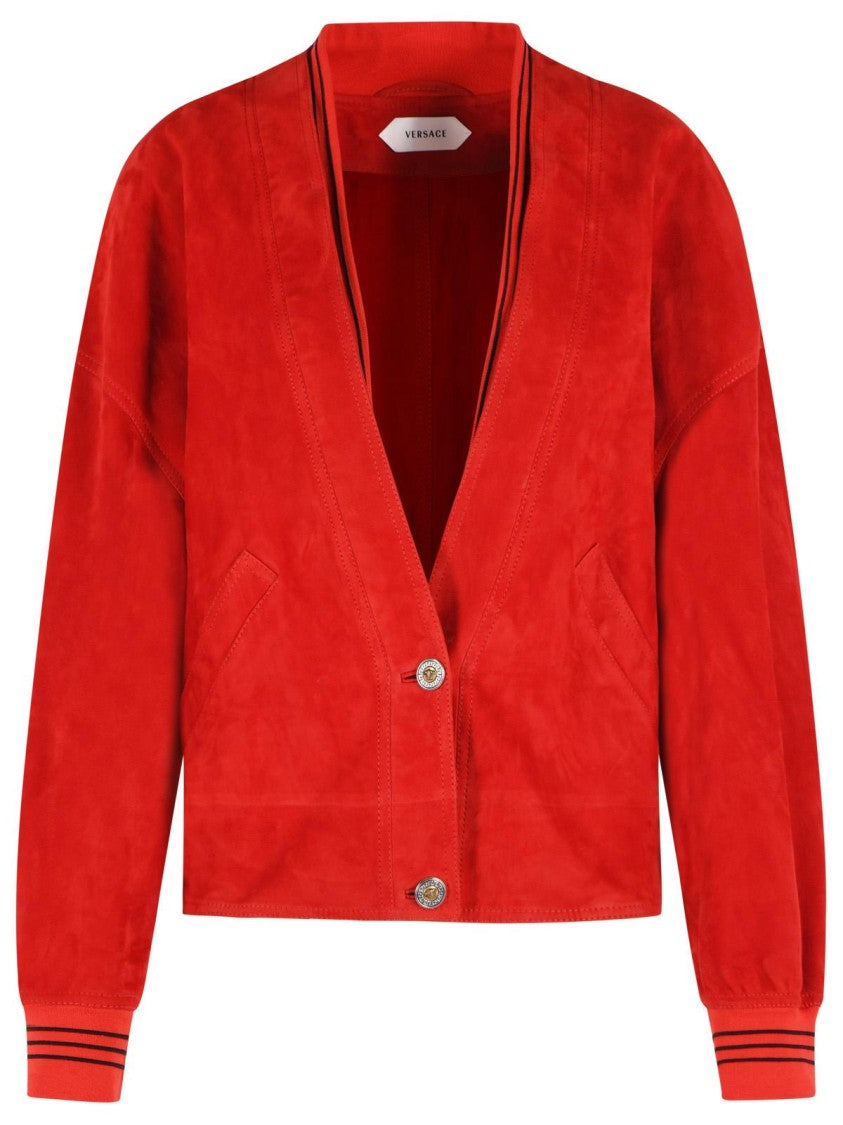 Versace Vibrant Red Suede Jacket With Deep V Neckline