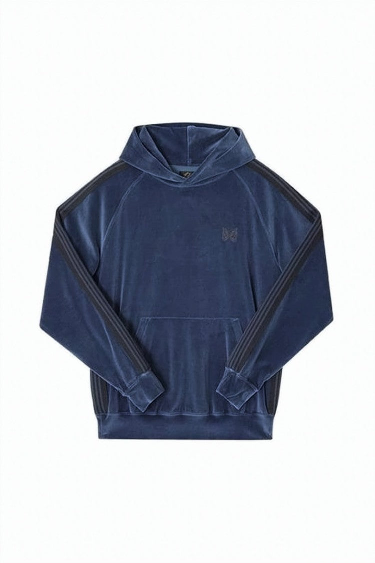 Needles Velvety Blue Hooded Sweatshirt With Stripe Detailing