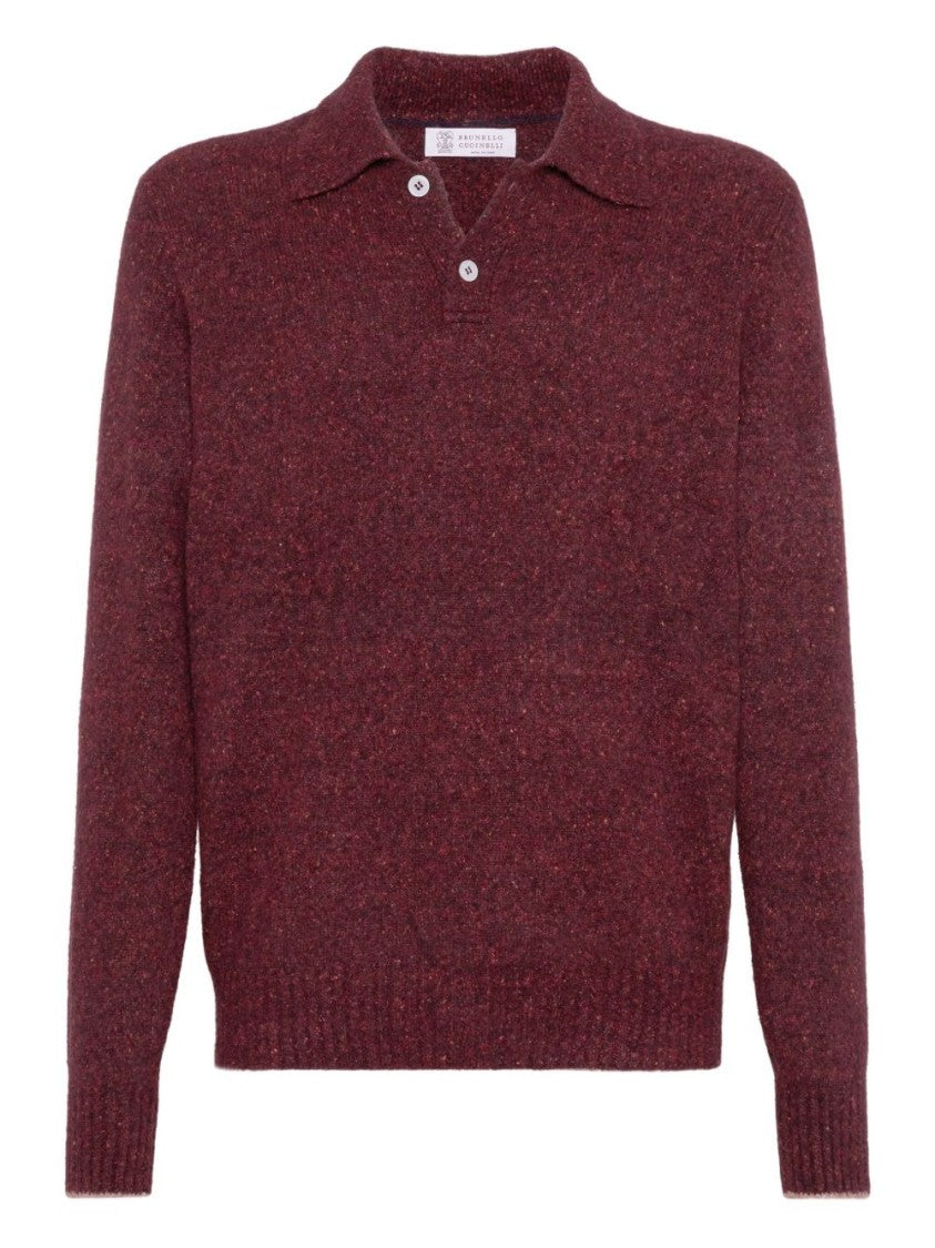 Brunello Cucinelli Burgundy Polo Collar Sweater With Speckled Texture