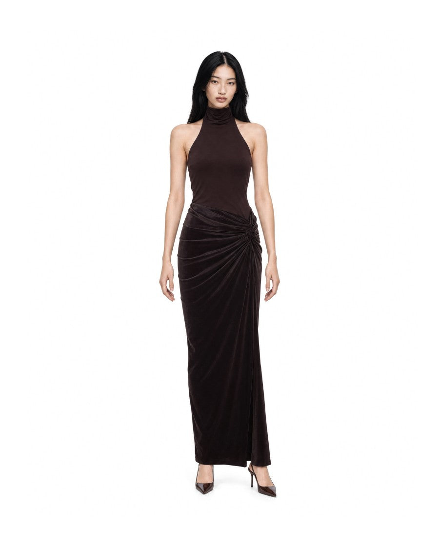 The Andamane Dark Brown Jessie Open Back Velvet Maxi Dress