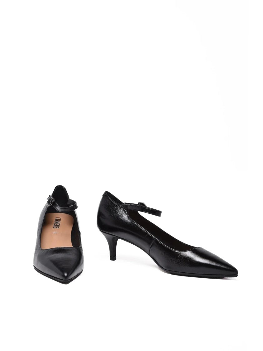 Carmens Black Strap Leather Pointed Toe Pumps