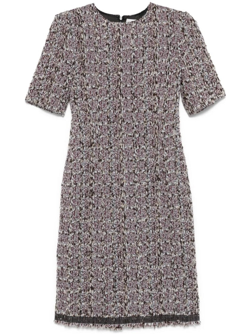 Lanvin Textured Multicolor Tweed Midi Dress With Frayed Hem