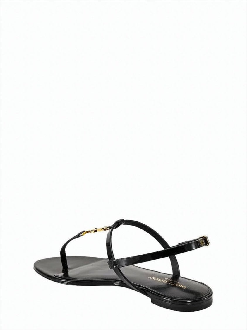 Saint Laurent Minimalist Black Calfskin Sandals With Gold-Tone Logo