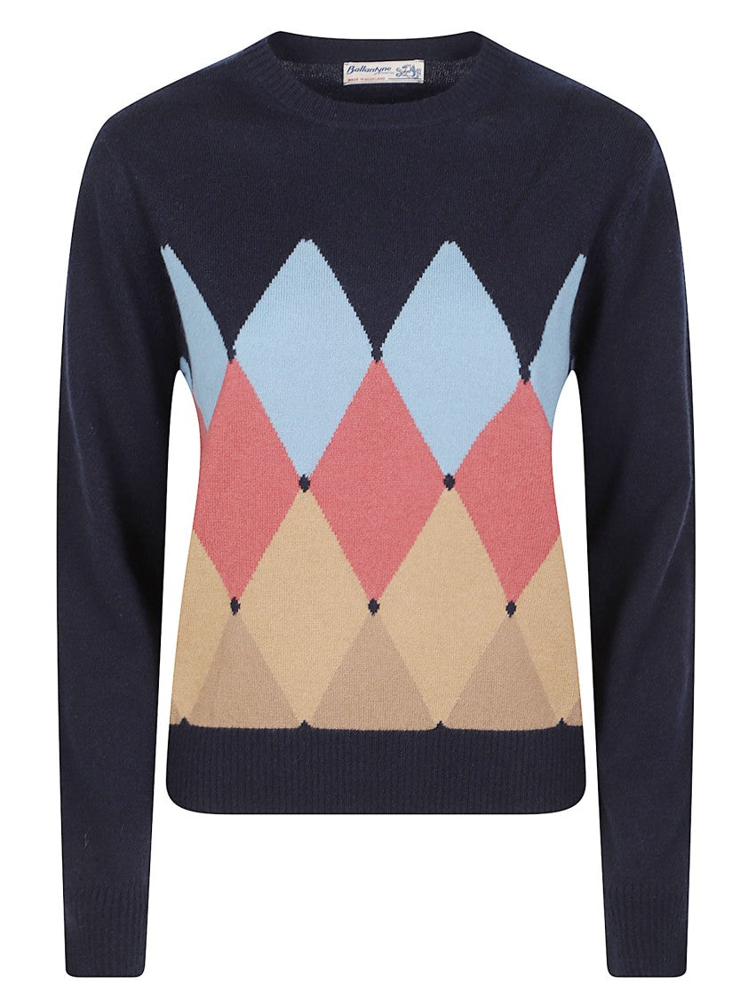 Ballantyne Round Neck Classic Diamon Argyle Cashmere Sweater