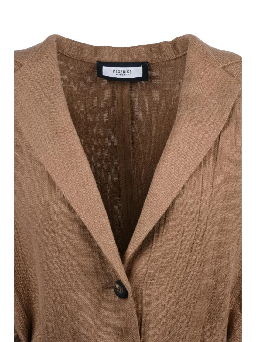 Peserico Lightweight Brown Linen Blazer With Leather Waist Detail