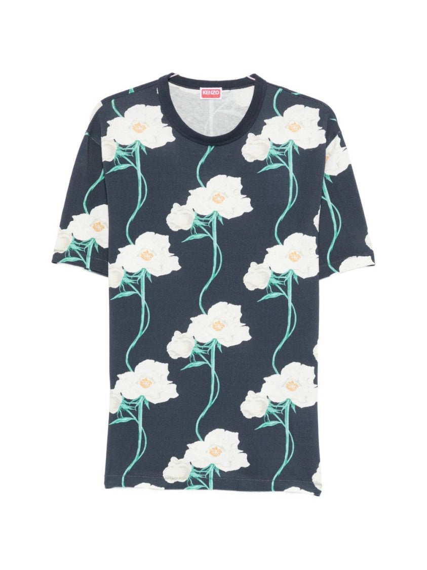 Kenzo Dark Blue Floral Pattern Silk T-Shirt