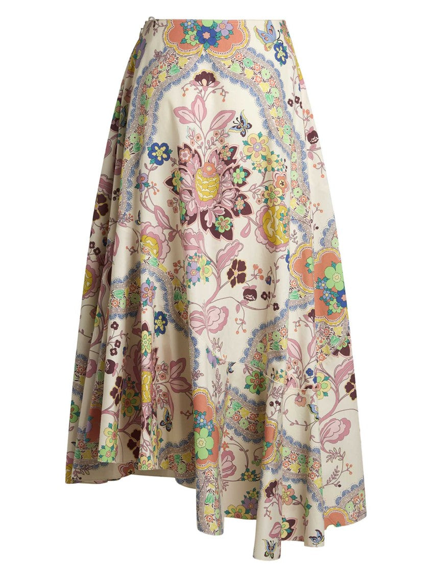 Etro Asymmetric White Midi Skirt With Floral And Butterfly Print