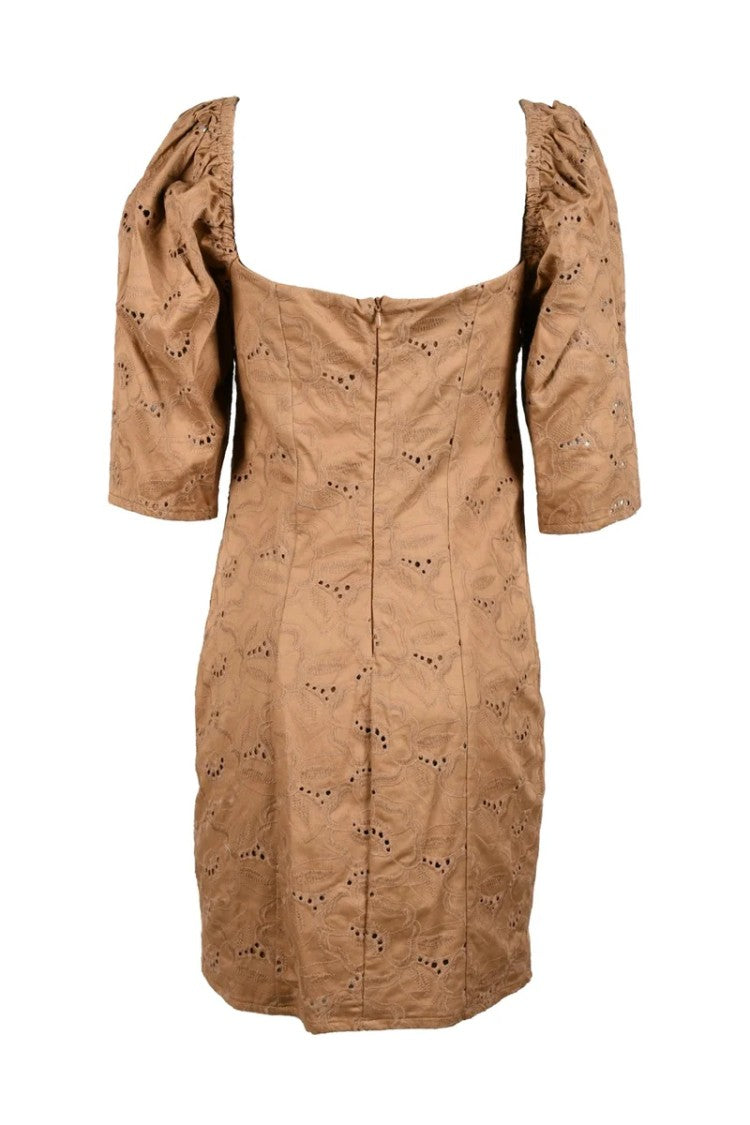 Giulia N Brown Eyelet Cotton-Blend Mini Dress