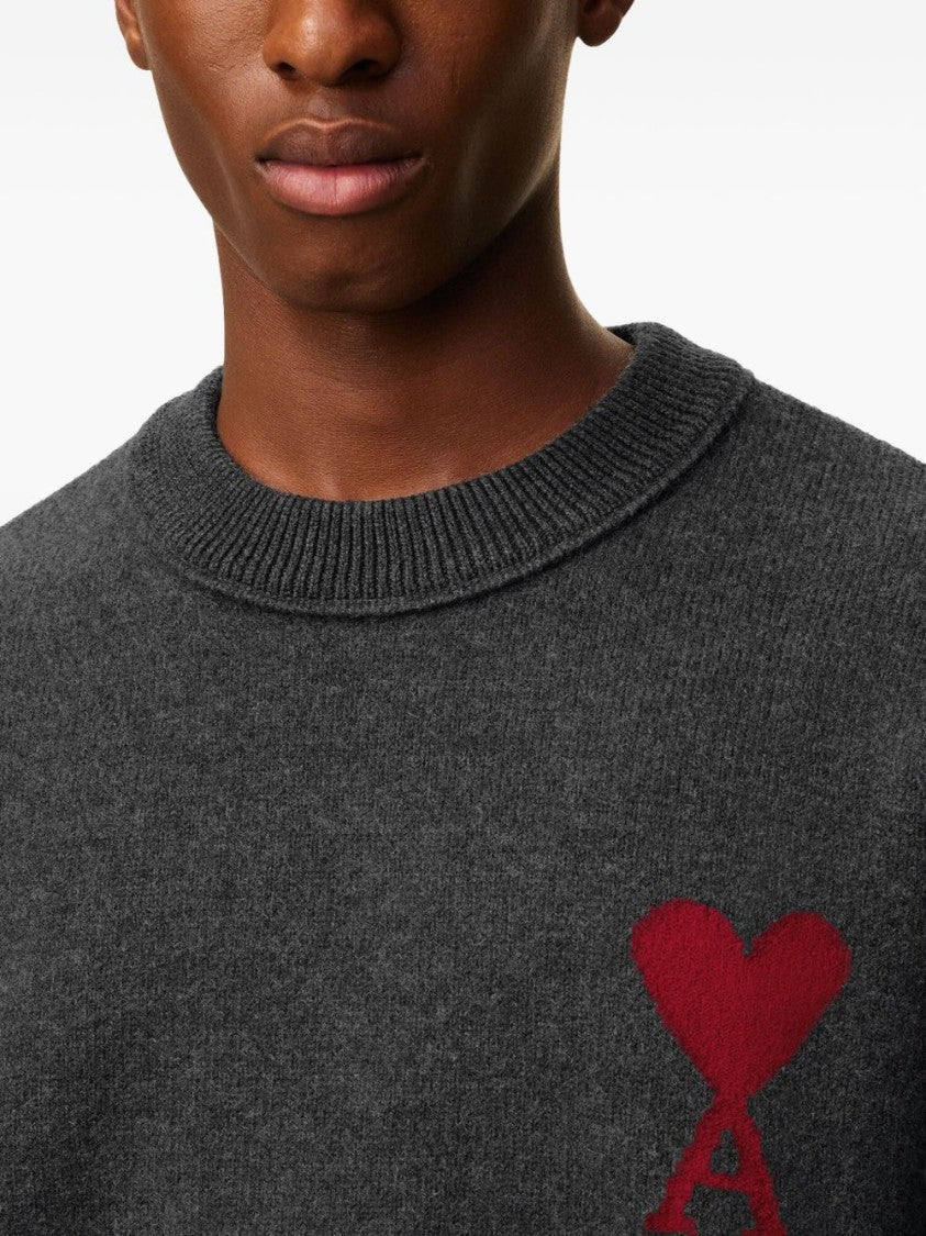 Ami Paris Grey Heart Emblem Silk-Blend Sweater