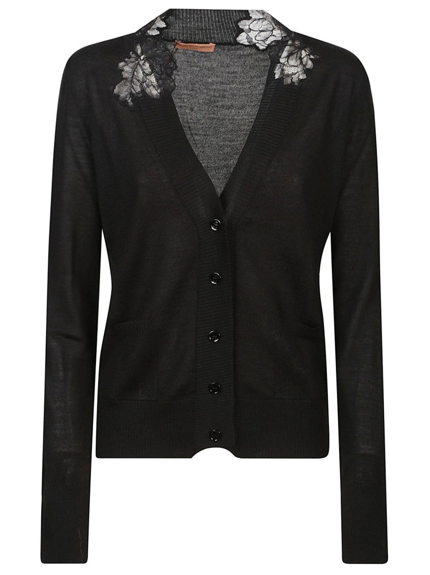 Ermanno Scervino V-Neck Buttoned Black Knitted Cardigan With Embroidered Neckline