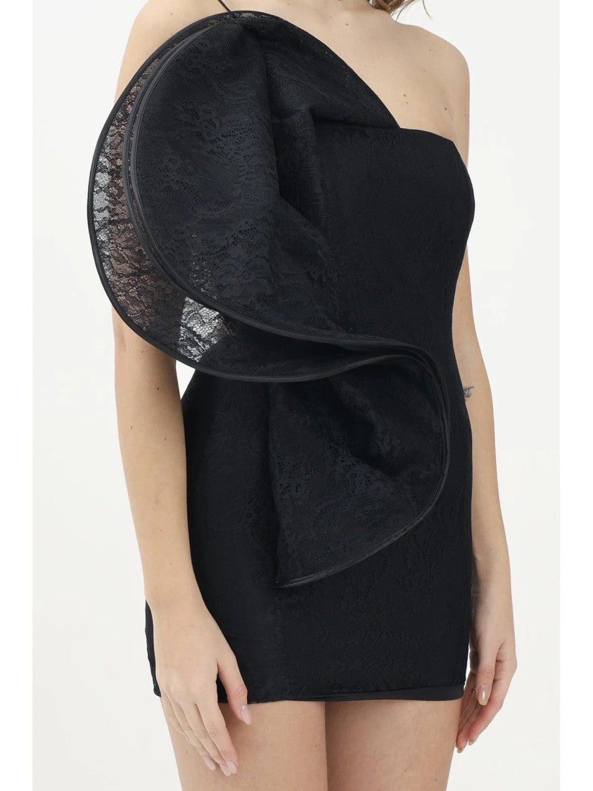 Simona Corsellini Black Polyamide One-Shoulder Lace Mini Dress