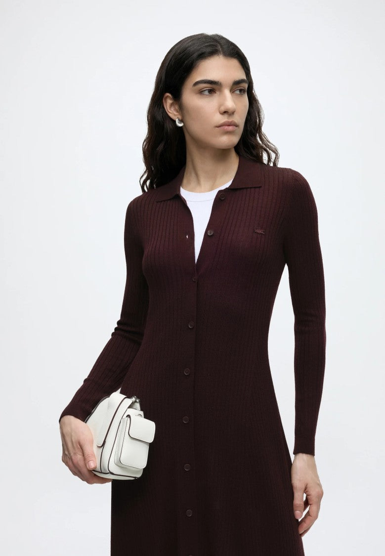 Lacoste Ribbed Knit Button-Down Midi Dress