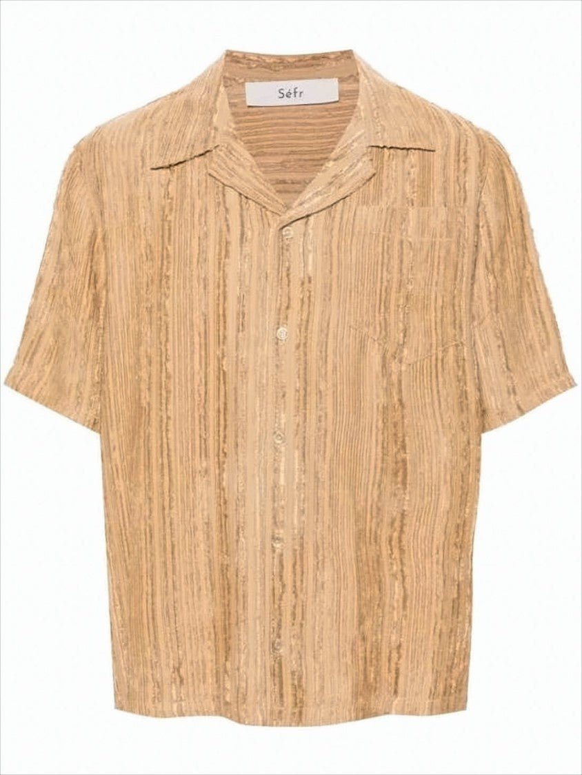 Séfr Camp Collar Short-Sleeved Shirt With Textured Vertical Stripes