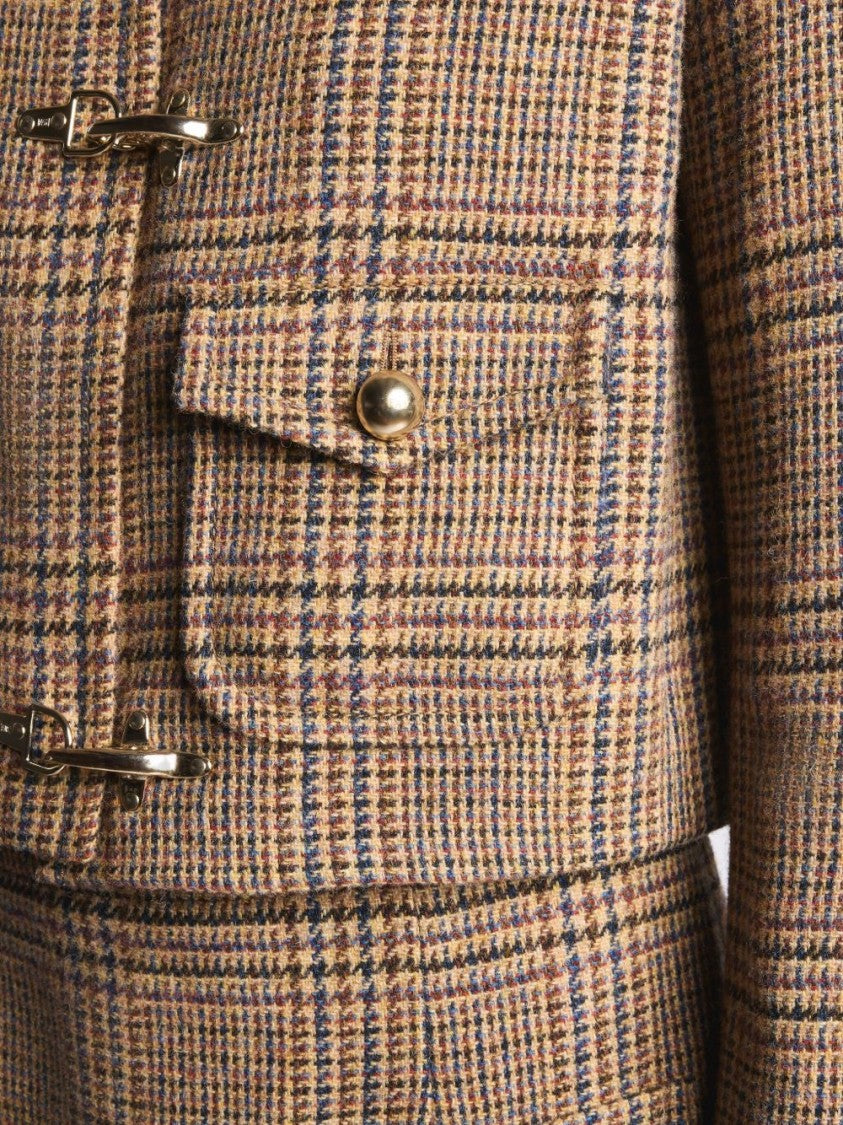 Fay Beige Cropped Jacket With Classic Checkered Pattern