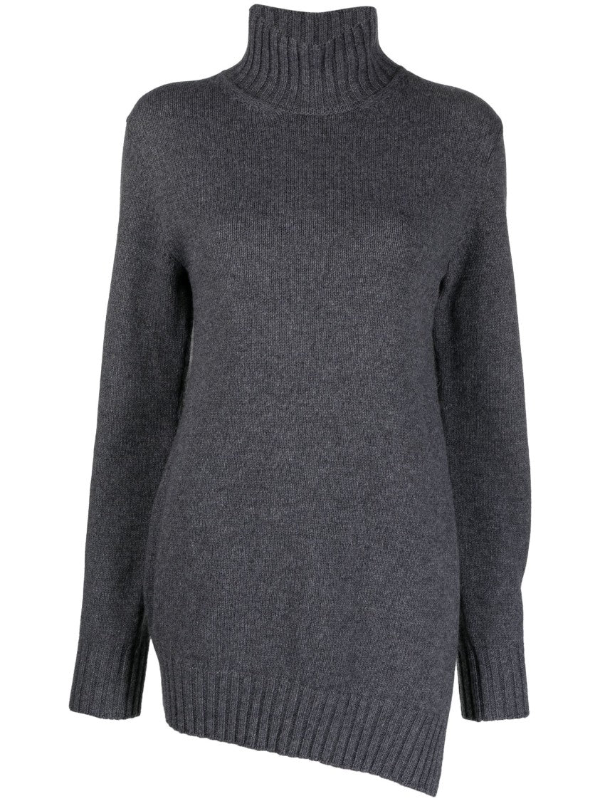 Jil Sander High-Neck Asymmetrical Hem Sweater In Soft Wool