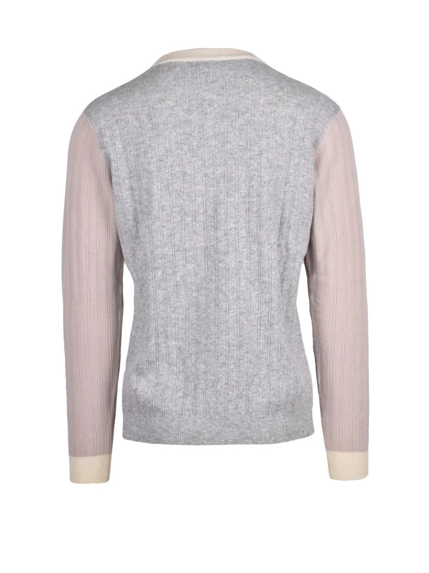 Wool & Co Light Grey Crew Neck Sweater With Contrasting Ribbed Details