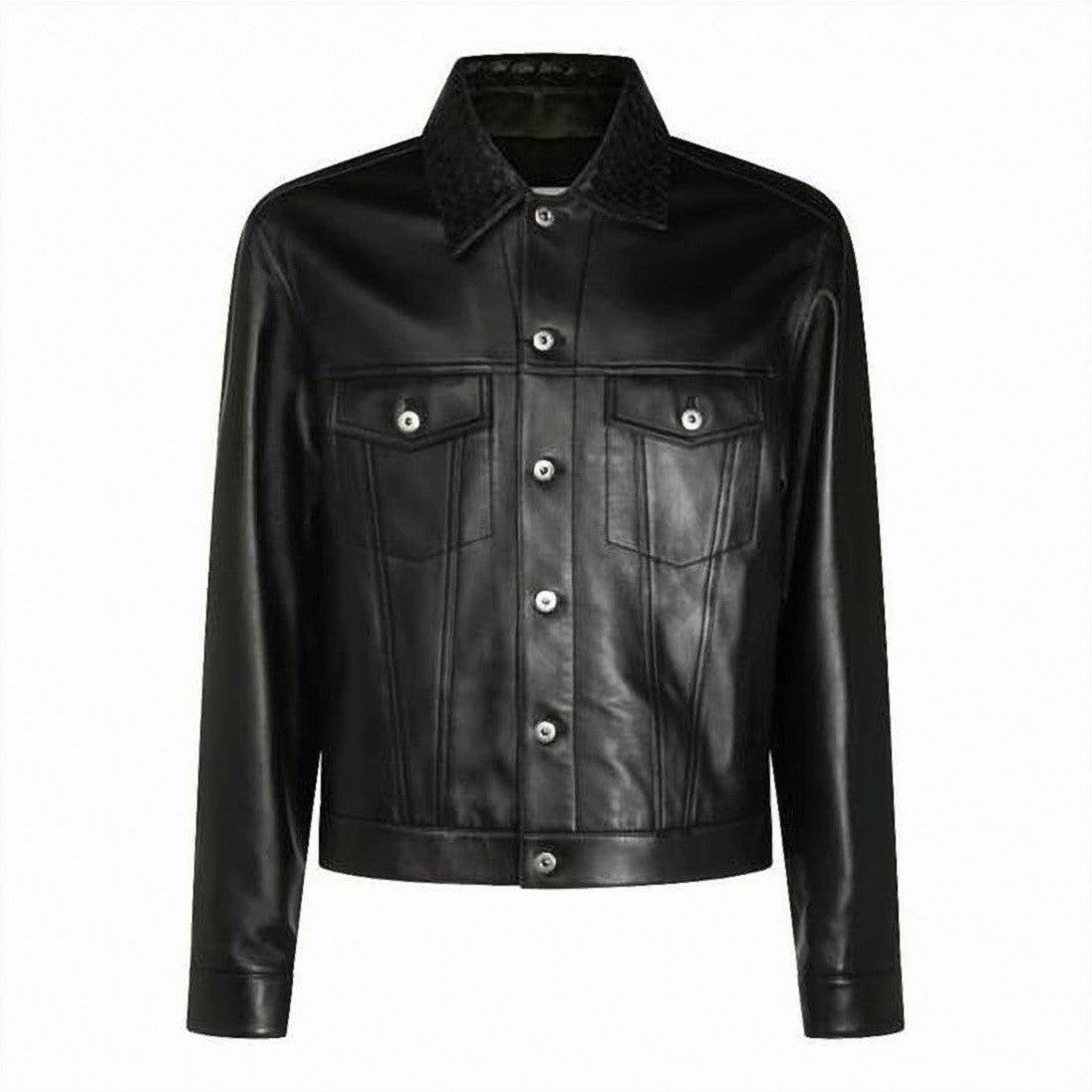Bottega Veneta Lambskin Leather Jacket With Woven Collar Detail