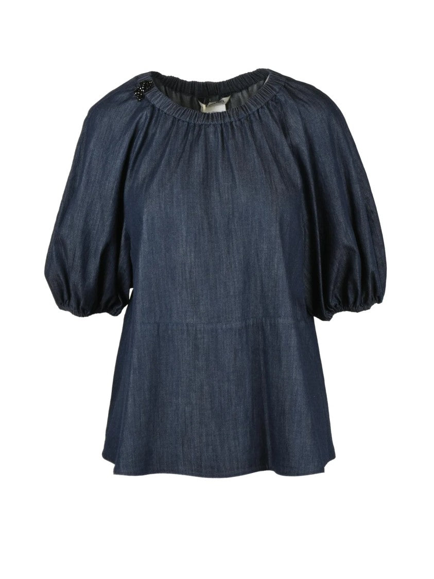 Max Mara Blue Cotton Puff-Sleeve Blouse