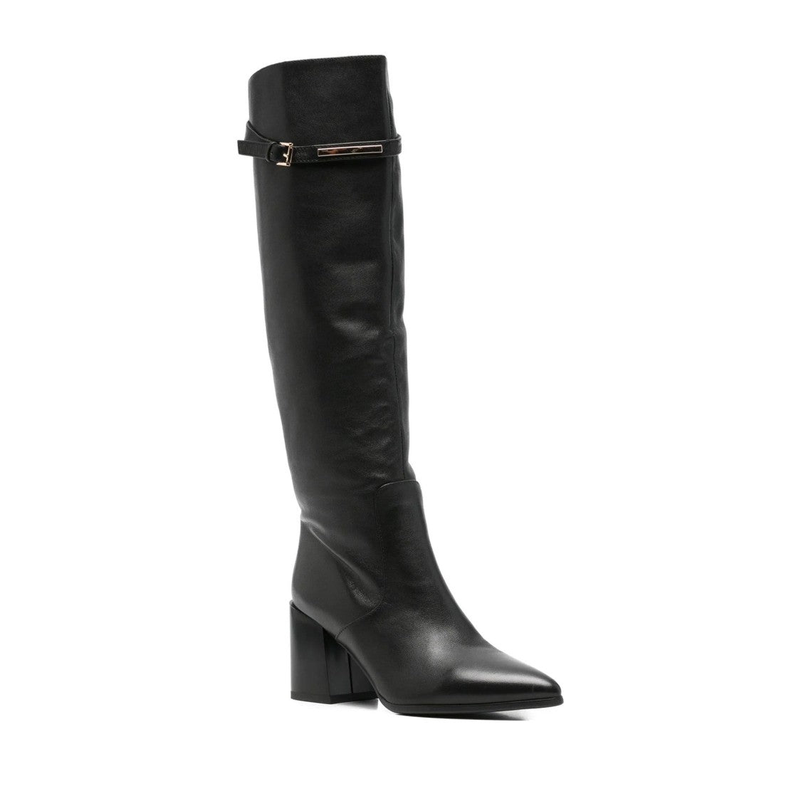 Adrianna Feretti Black Pointed Toe Metallic Buckle Leather Boots