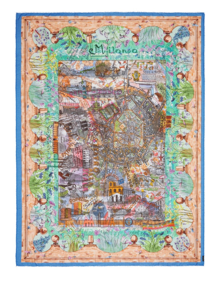 Faliero Sarti Square Milano Map Print Scarf With Intricate Borders