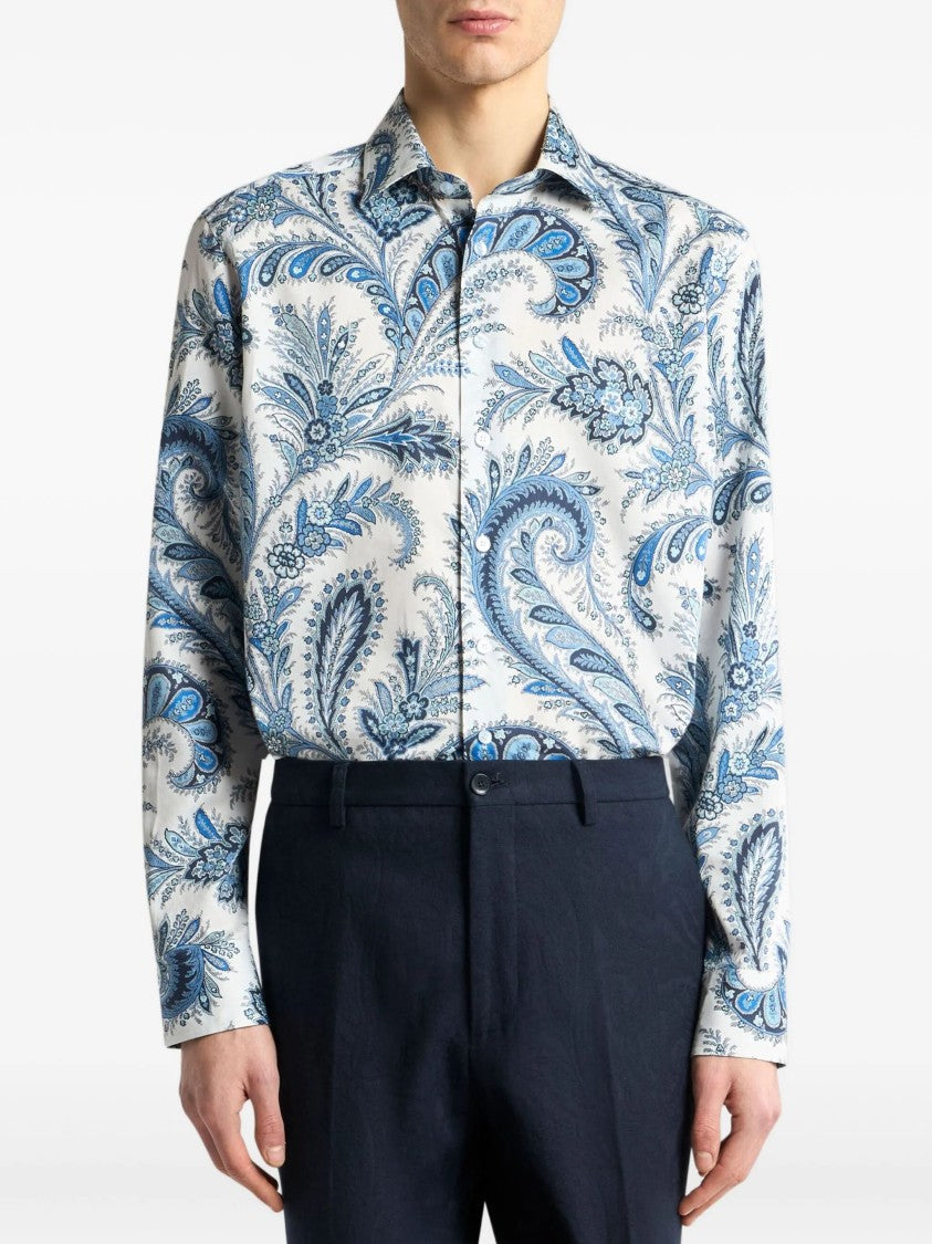 Etro Roma White Blue Paisley Cotton Shirt