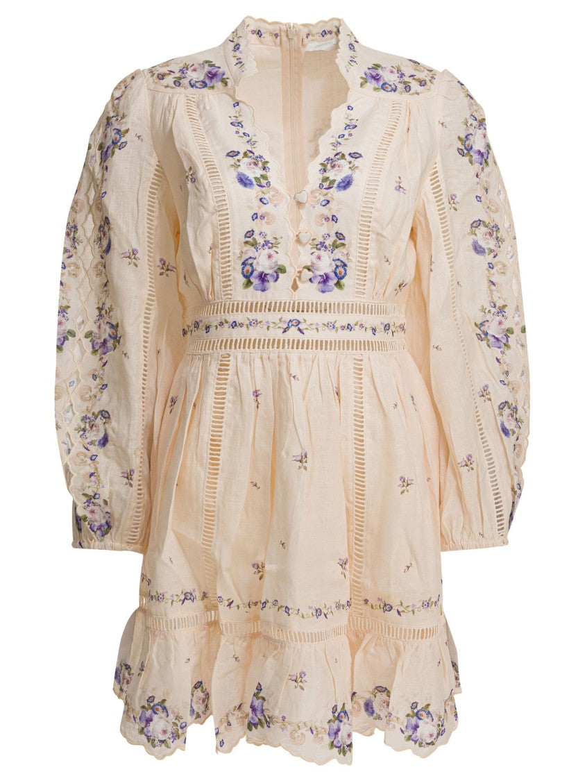 Zimmermann Flared Silk-Lightweight Dress With Floral Embroidery