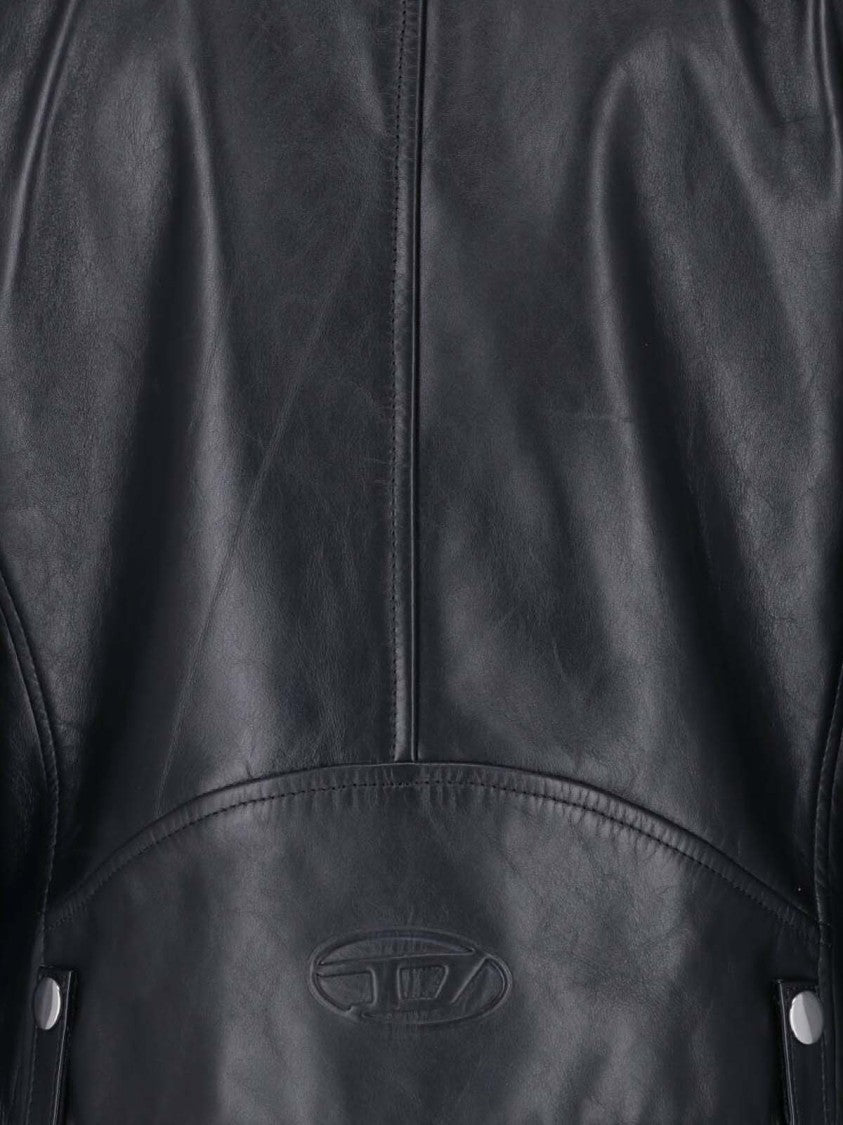 Diesel Cropped Black Leather Jacket With Asymmetrical Front