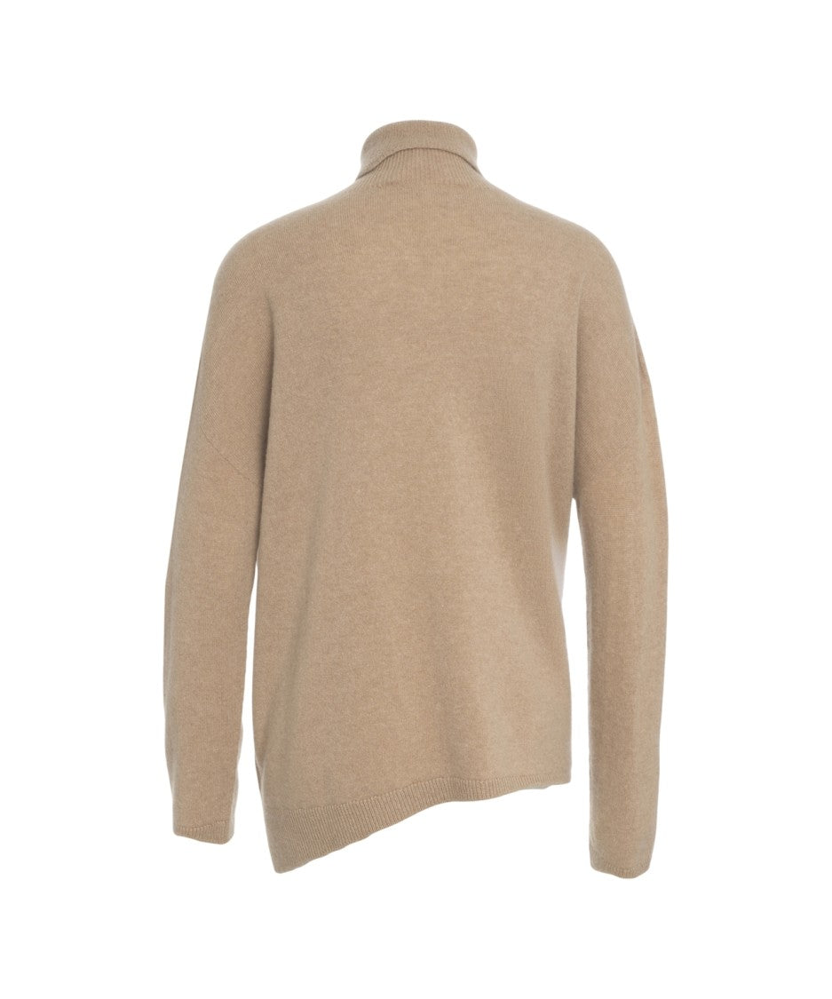 Mvm Beige Turtleneck Sweater With Asymmetric Hem
