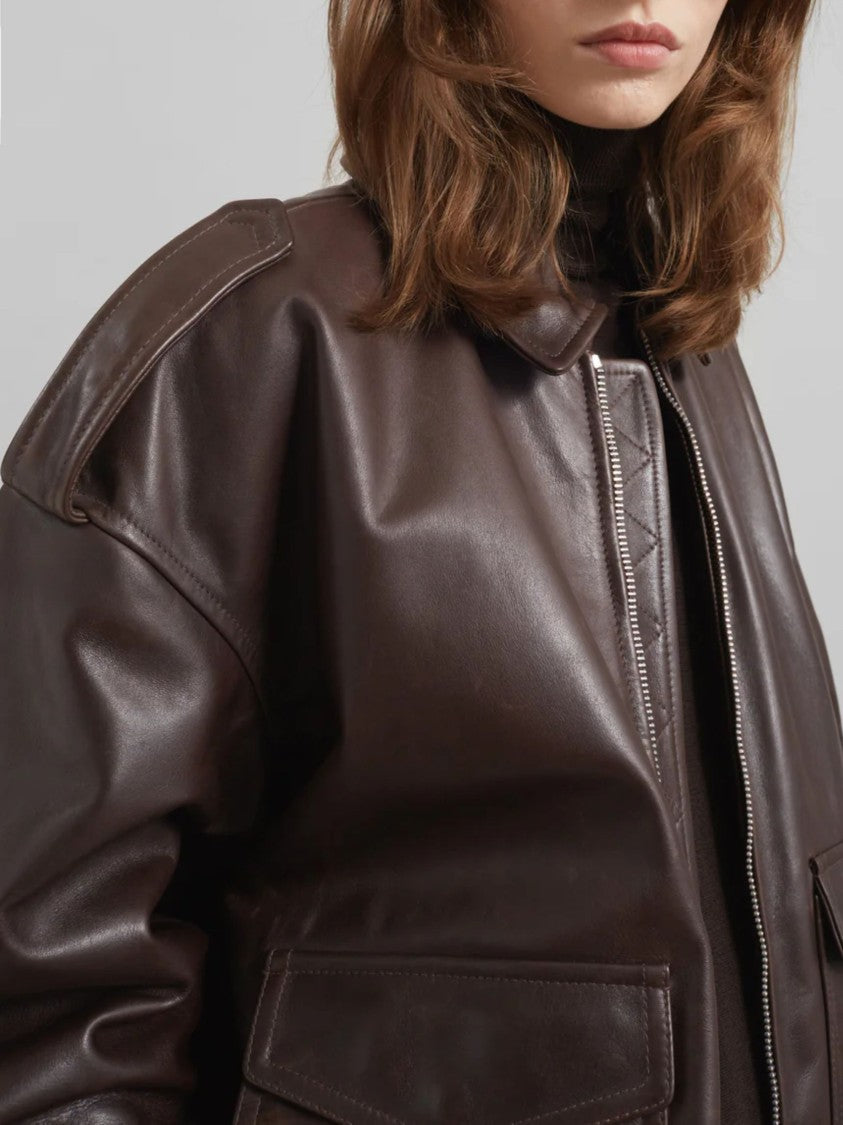 The Frankie Shop Brown Shoulder Epaulettes Leather Leather Jacket