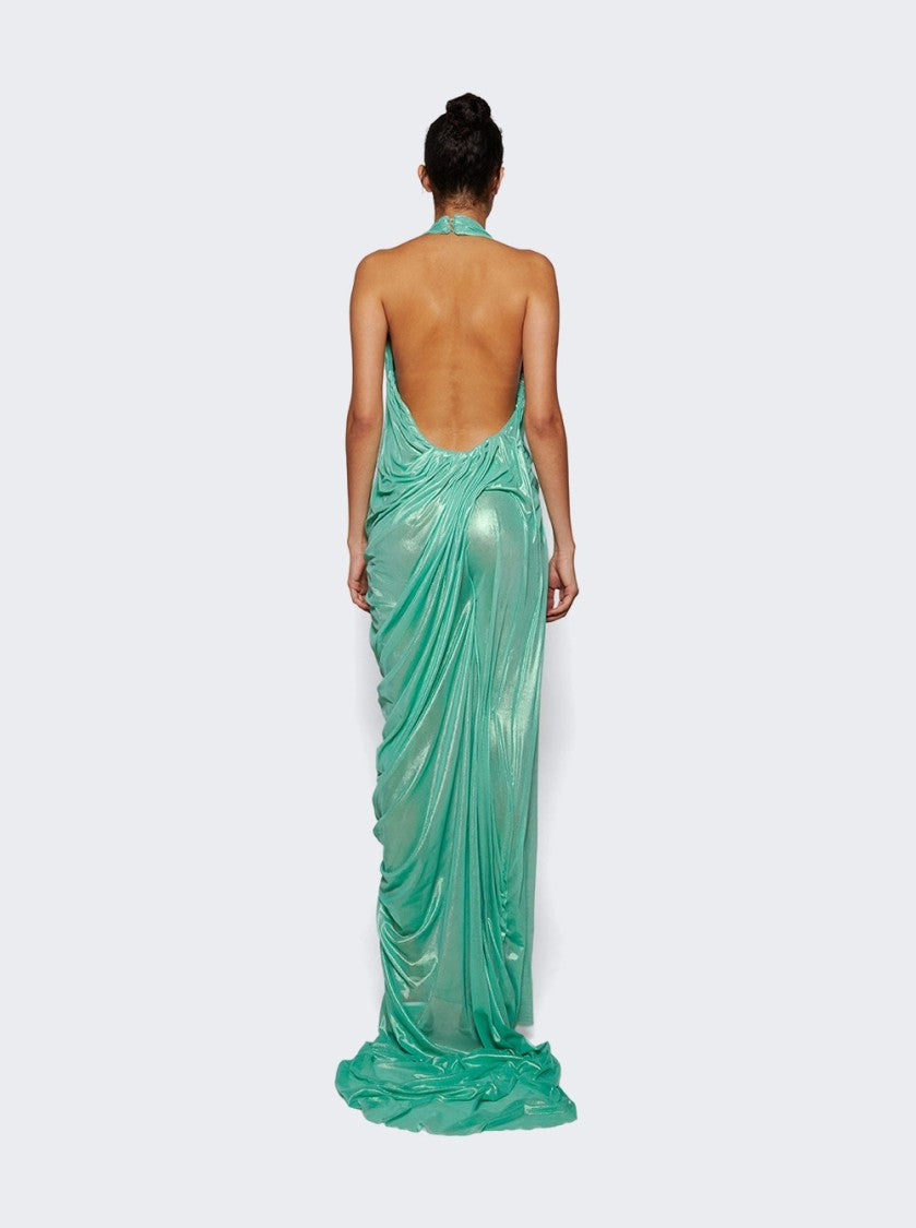 Di Petsa Siren Wetlook Halter Neck Long Dress Metallic Mint Green