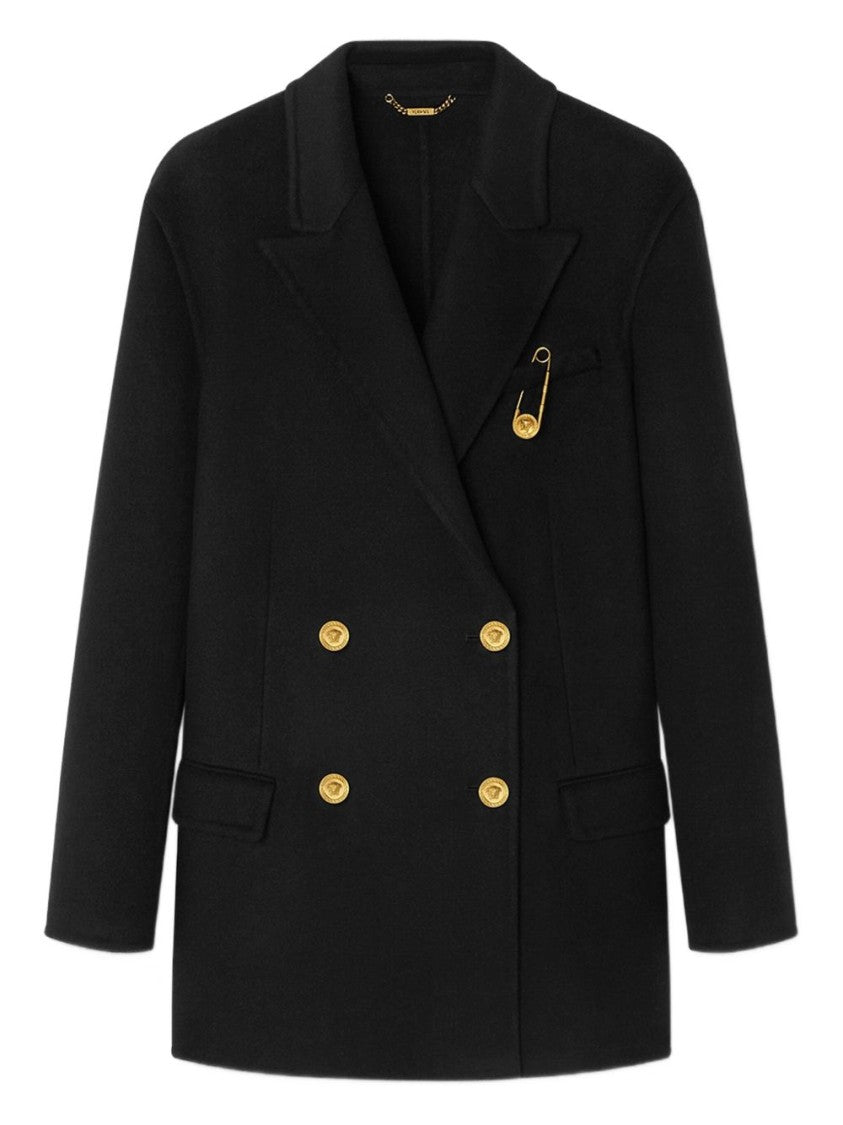 Versace Double-Breasted Black Coat With Gold-Tone Accents
