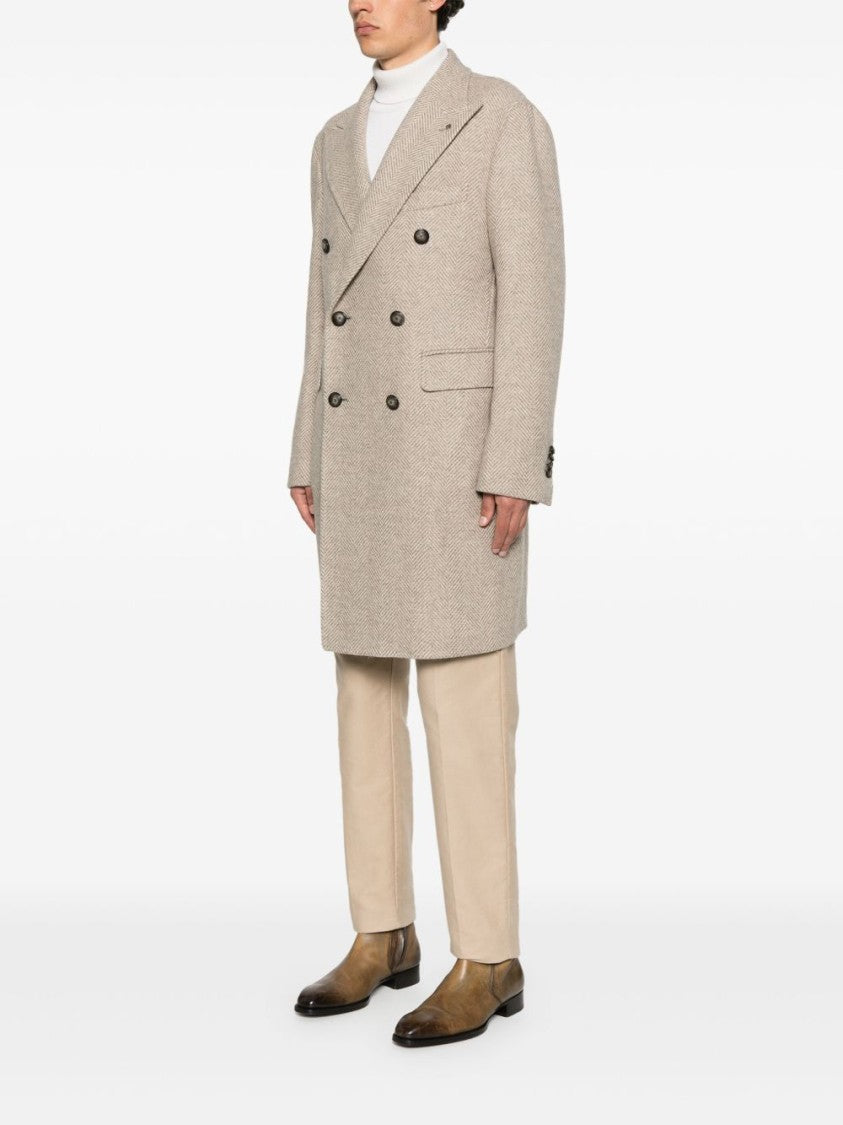 Tagliatore Double-Breasted Herringbone Coat With Wide Lapels