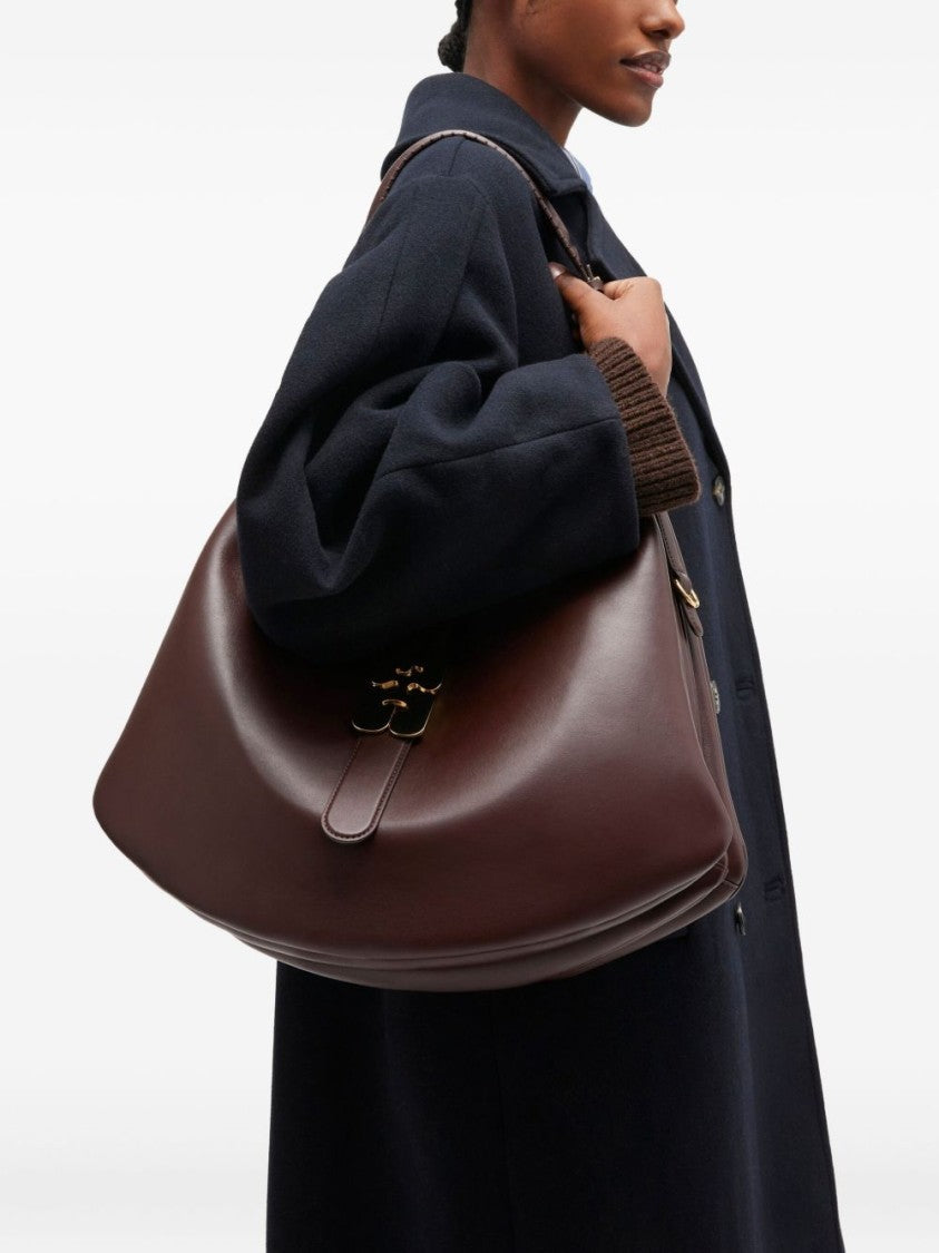 Ganni Crescent-Shaped Brown Leather Shoulder Bag