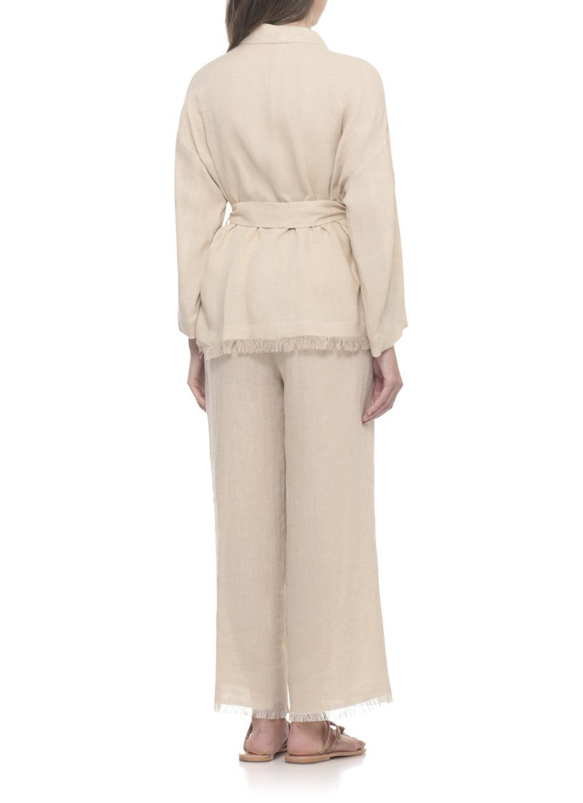 Antonelli Firenze Beige Katia Fringed Waist Belt Blazer