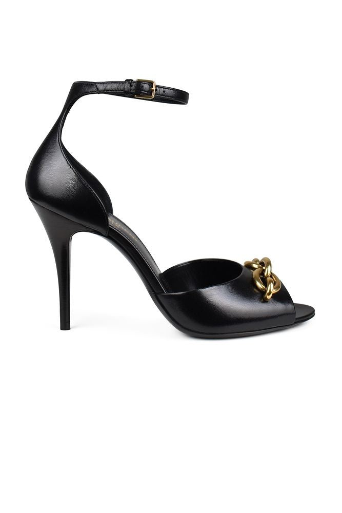 Saint Laurent Black Leather Sandals With Golden Chain Accents