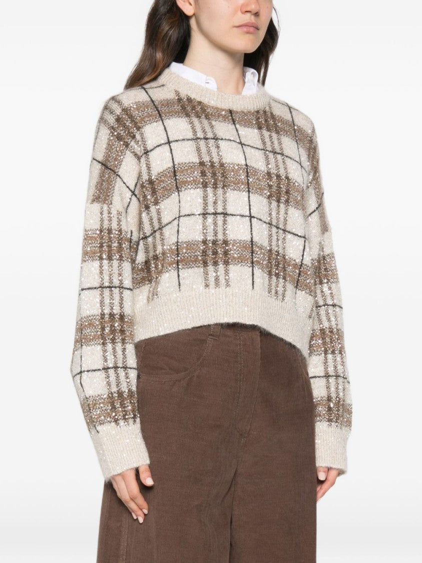 Brunello Cucinelli Multicolor Textured Knit Cropped Plaid Sweater