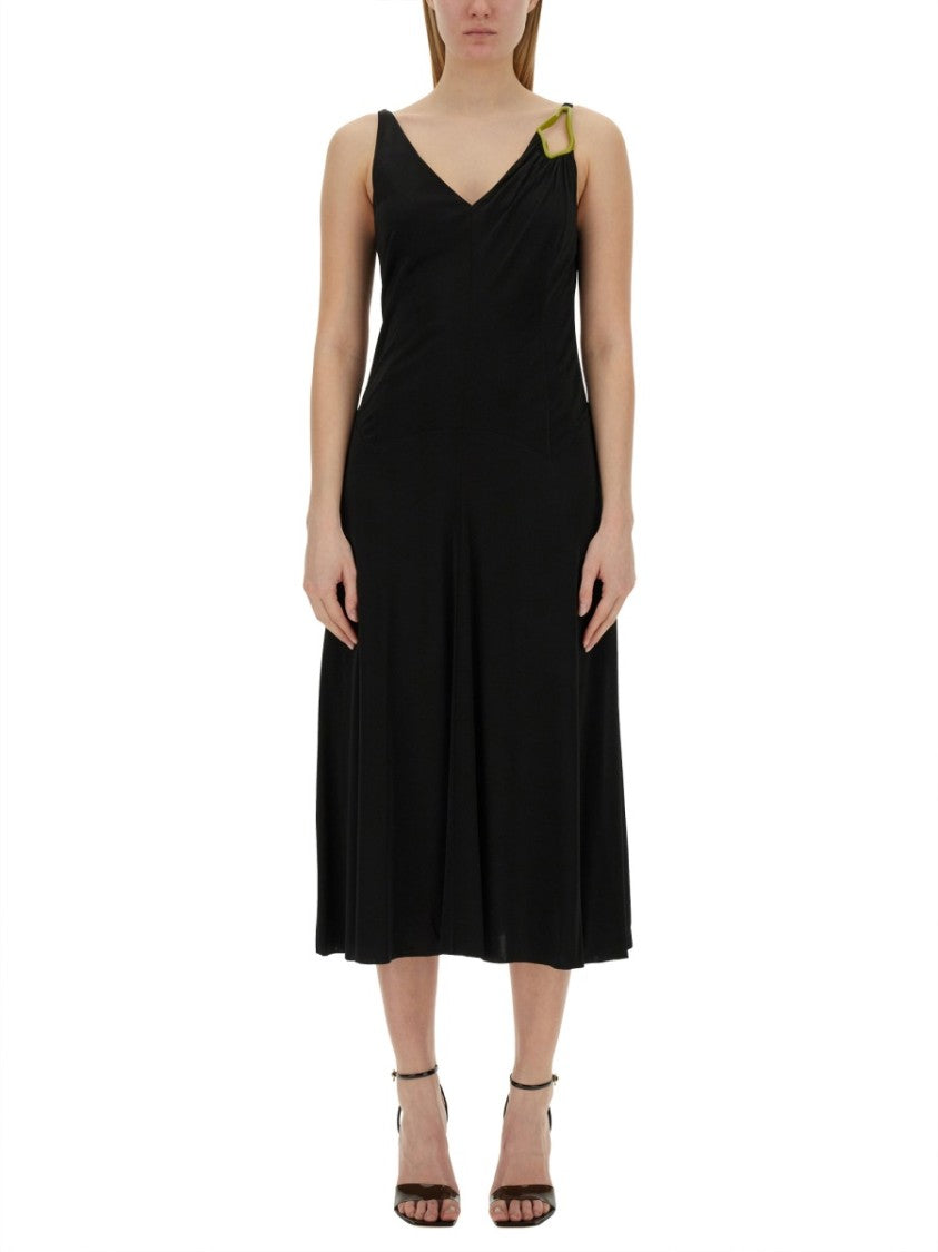 Lanvin Black Midi Dress With Asymmetrical Shoulder Detail
