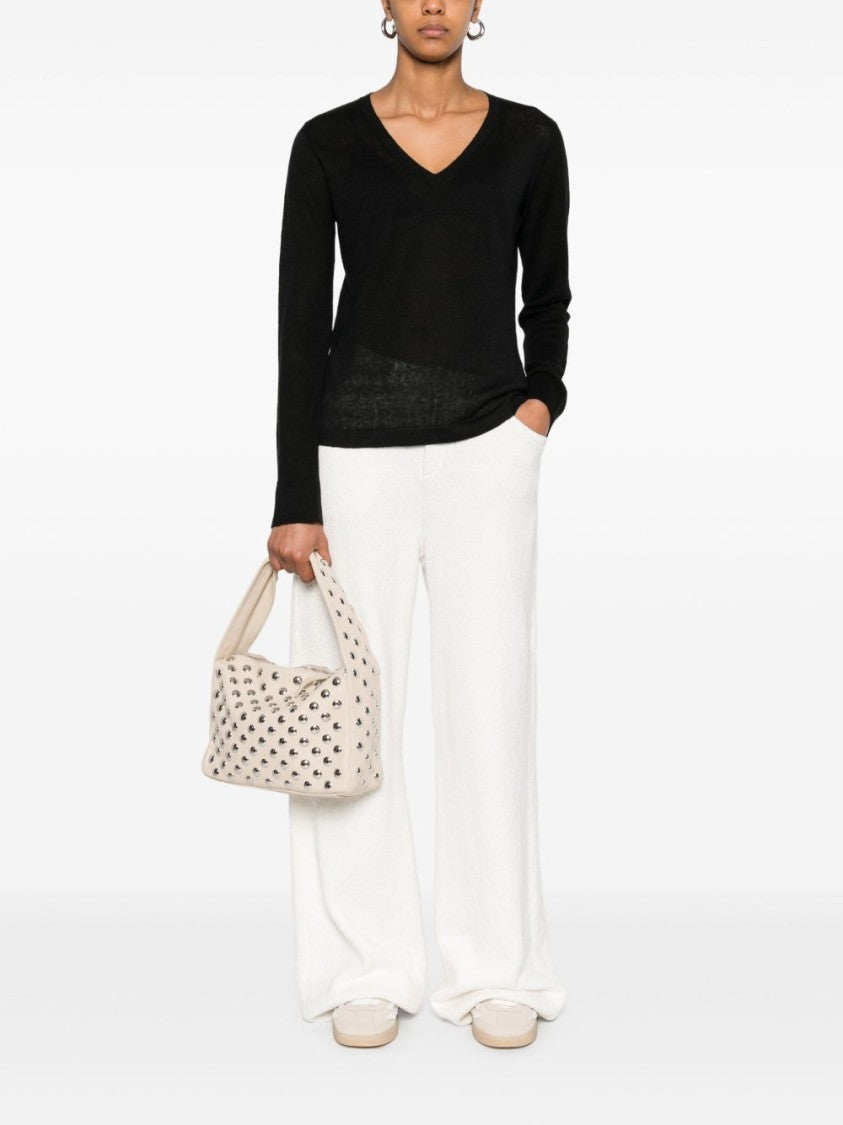 Max Mara V-Neck Black Linen Sweatshirt With Cropped Hem